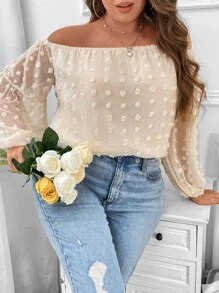 SHEIN Clasi Plus Swiss Dot Off Shoulder Lantern Sleeve Blouse - Apricot - View 5