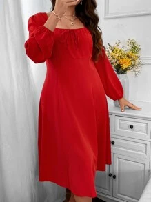 SHEIN Clasi Plus Square Neck Tie Front Lantern Sleeve Dress - Red - View 3