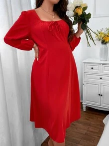 SHEIN Clasi Plus Square Neck Tie Front Lantern Sleeve Dress - Red - View 4
