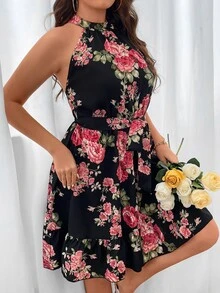 SHEIN LUNE Vestido halter con estampado floral bajo con fruncido con cinturón - Multicolor - Ver 3