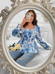 Flirla Plus Floral Print Flounce Sleeve Peplum Blouse - Blue and White - View 7