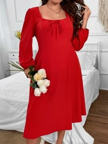 SHEIN Clasi Plus Square Neck Tie Front Lantern Sleeve Dress - Red - View 5