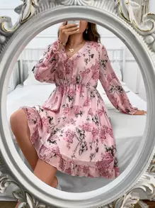 Franclia 大碼印花荷葉袖荷葉邊連衣裙 - 彩色 - 查看 1