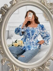 Flirla Plus Floral Print Flounce Sleeve Peplum Blouse - Blue and White - View 8