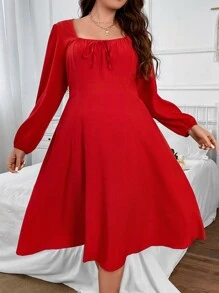 SHEIN Clasi Plus Square Neck Tie Front Lantern Sleeve Dress - Red - View 6