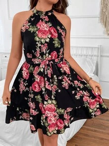 SHEIN LUNE Vestido halter con estampado floral bajo con fruncido con cinturón - Multicolor - Ver 5