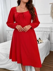 SHEIN Clasi Plus Square Neck Tie Front Lantern Sleeve Dress - Red - View 7