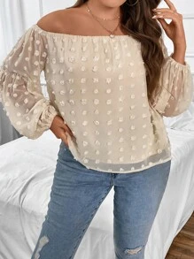 SHEIN Clasi Plus Swiss Dot Off Shoulder Lantern Sleeve Blouse - Apricot - View 6