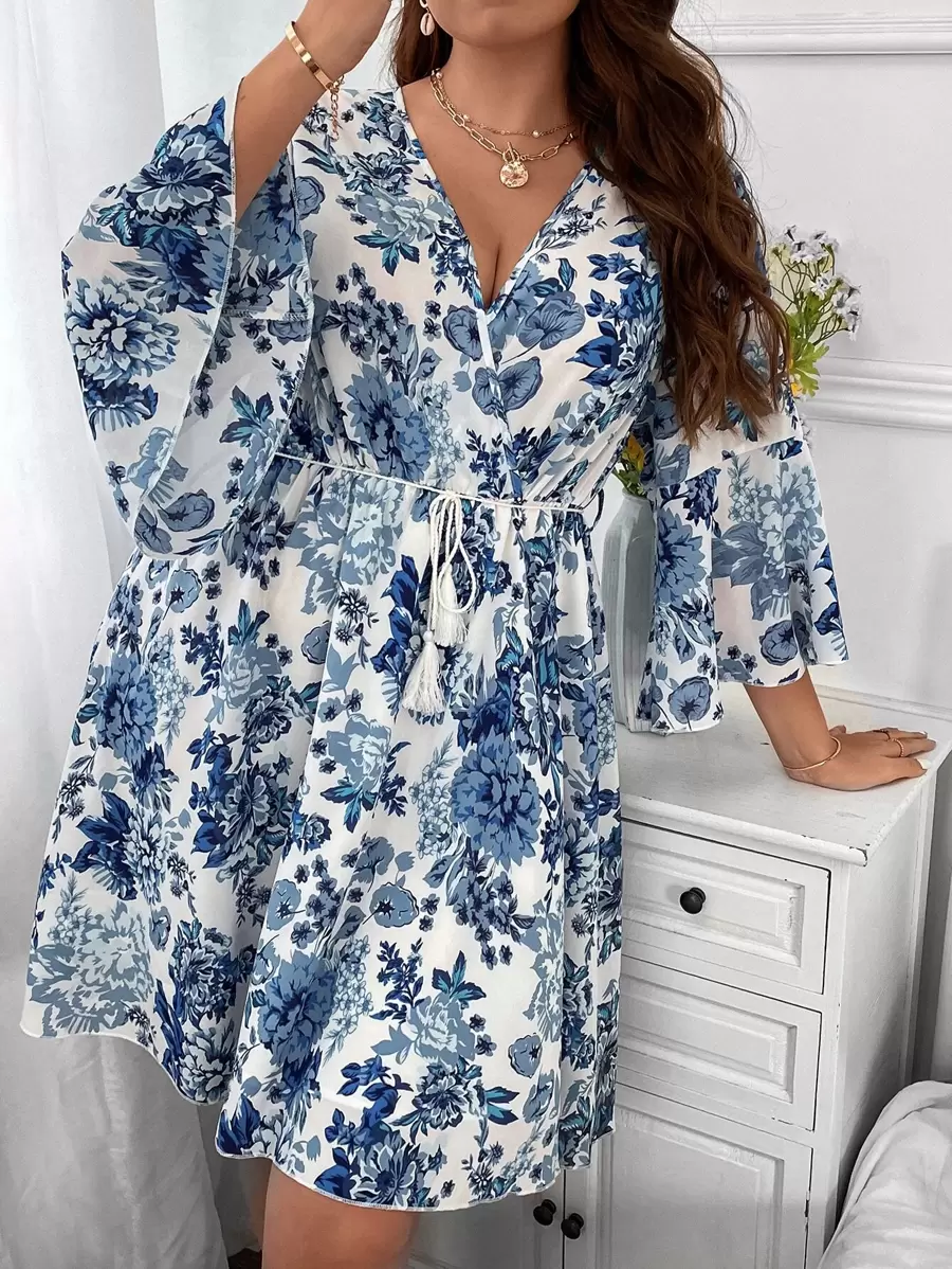 SHEIN Clasi Plus Floral Print Trumpet Sleeve Overlap Collar Belted Dress - Blue and White - View 1