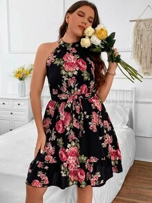 SHEIN LUNE Vestido halter con estampado floral bajo con fruncido con cinturón - Multicolor - Ver 7