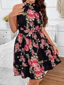 SHEIN LUNE Vestido halter con estampado floral bajo con fruncido con cinturón - Multicolor - Ver 8