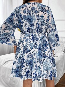 SHEIN Clasi Plus Floral Print Trumpet Sleeve Overlap Collar Belted Dress - Blue and White - View 2
