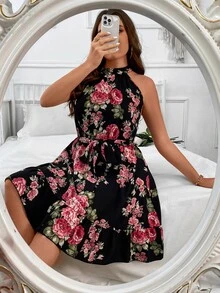 SHEIN LUNE Vestido halter con estampado floral bajo con fruncido con cinturón - Multicolor - Ver 9