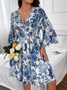 SHEIN Clasi Plus Floral Print Trumpet Sleeve Overlap Collar Belted Dress - Blue and White - View 6