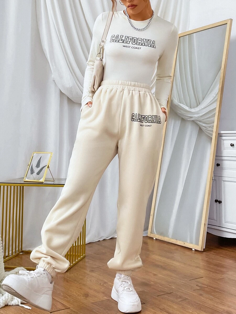 SHEIN EZwear Letter Graphic Tee & Joggers - Apricot - View 1