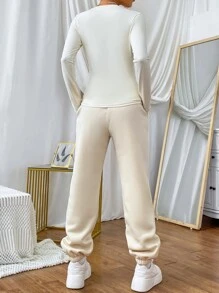 SHEIN EZwear Letter Graphic Tee & Joggers - Apricot - View 2