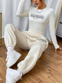 SHEIN EZwear Letter Graphic Tee & Joggers - Apricot - View 3