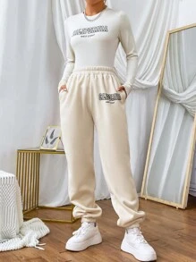 SHEIN EZwear Letter Graphic Tee & Joggers - Apricot - View 5