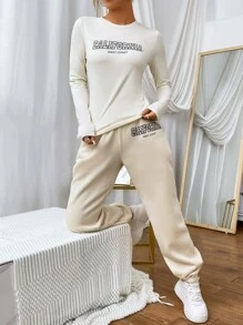 SHEIN EZwear Letter Graphic Tee & Joggers - Apricot - View 6