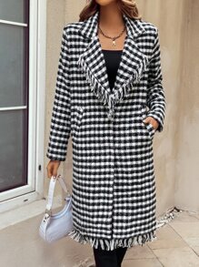 Plaid Pattern Fringe Detail Lapel Neck Overcoat - Black and White - View 3