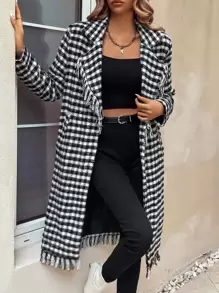 Plaid Pattern Fringe Detail Lapel Neck Overcoat - Black and White - View 1