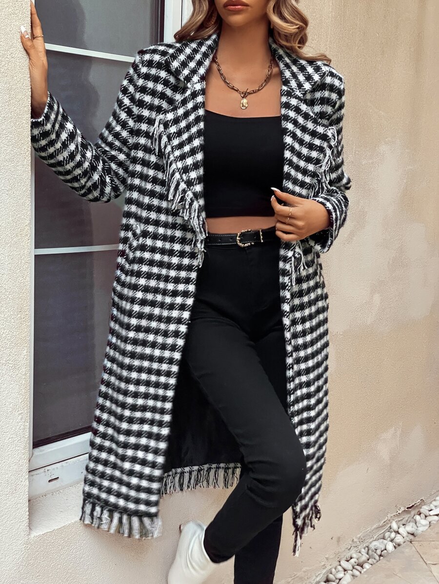 Plaid Pattern Fringe Detail Lapel Neck Overcoat - Black and White - View 1