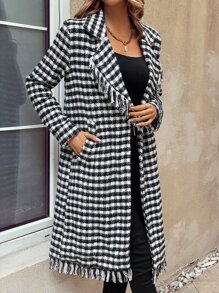 Plaid Pattern Fringe Detail Lapel Neck Overcoat - Black and White - View 5
