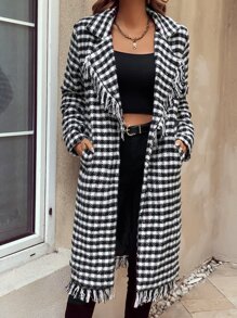 Plaid Pattern Fringe Detail Lapel Neck Overcoat - Black and White - View 6