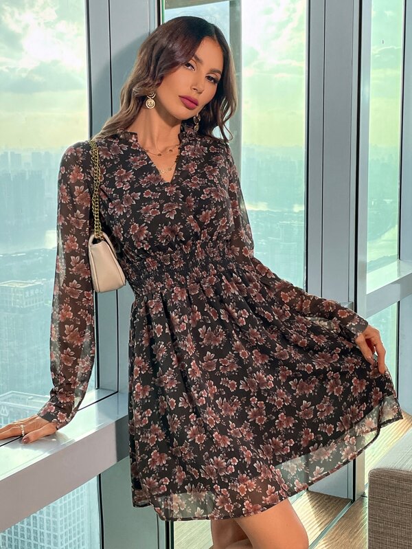 SHEIN Clasi Floral Print Notched Neckline Contrast Mesh Shirred Waist Dress SHEIN South Africa