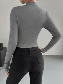 SHEIN Essnce Half Zip Thumb Holes Crop Tee - Grey - View 2