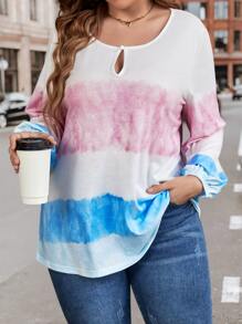 SHEIN LUNE Camiseta de tie dye de cuello con abertura de ojo de manga farol - Multicolor - Ver 1