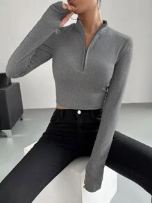 SHEIN Essnce Half Zip Thumb Holes Crop Tee - Grey - View 4