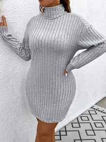 SHEIN Essnce Plus Turtleneck Drop Shoulder Ribbed Knit Bodycon Dress - Light Grey - View 5