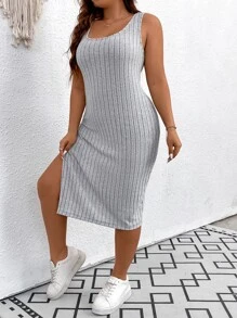 SHEIN Essnce Đầm Plus Size Gân đan Tách cao màu trơn Giải trí - Màu Xám nhạt - Xem 4
