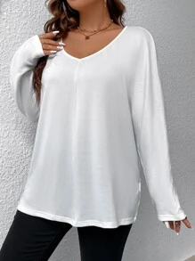 SHEIN Essnce Plus Solid V Neck Batwing Sleeve Tee - White - View 6