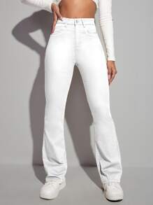 SHEIN EZwear 高腰漂白水洗牛仔喇叭褲 - 白色 - 查看 1