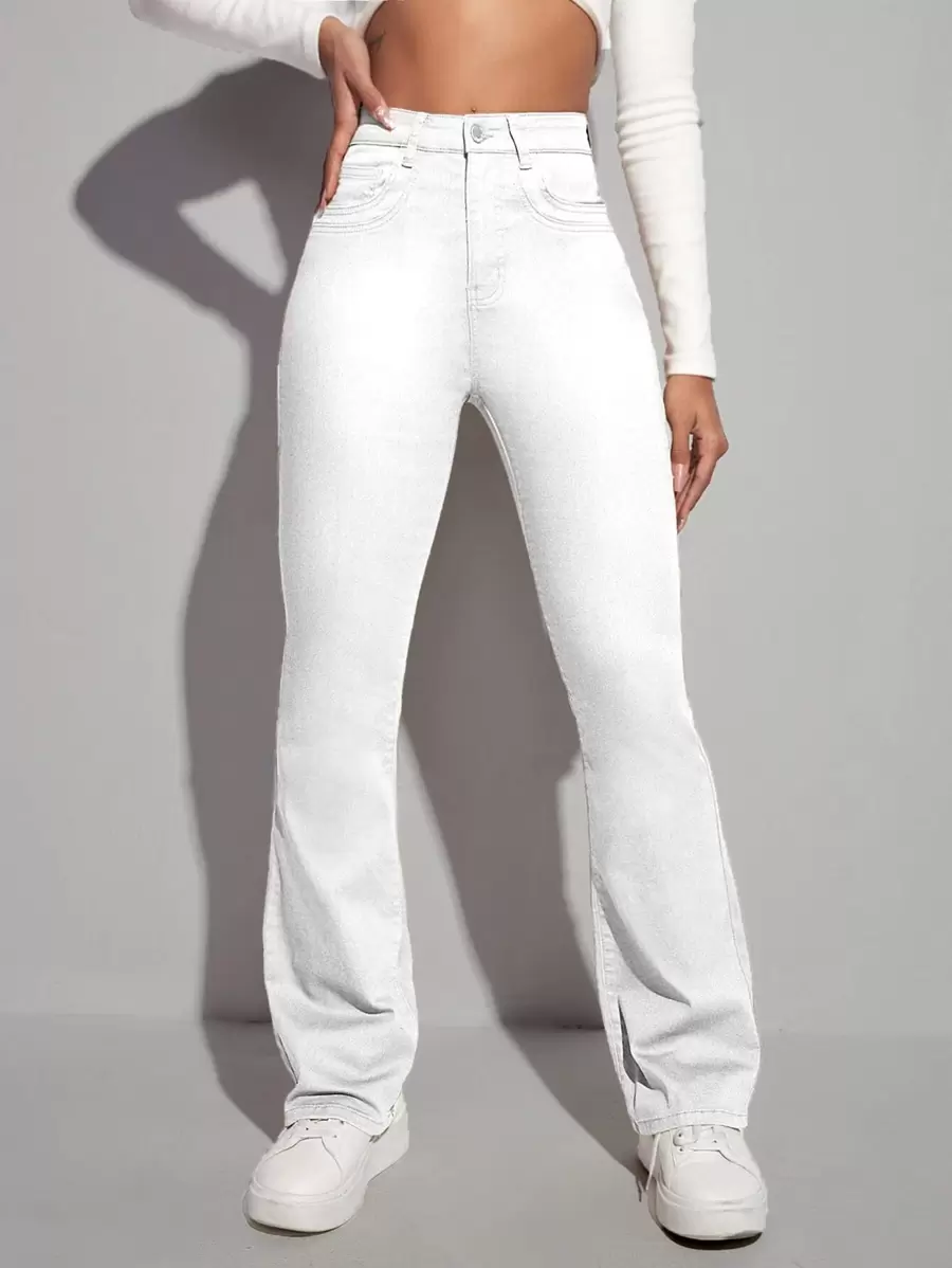 SHEIN EZwear 高腰漂白水洗牛仔喇叭褲 - 白色 - 查看 1