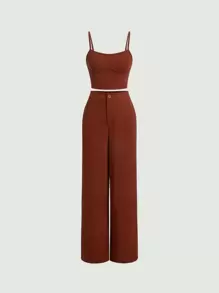 SHEIN MOD Top de tirantes unicolor & Pantalones de pierna ancha - Óxido marrón - Ver 1
