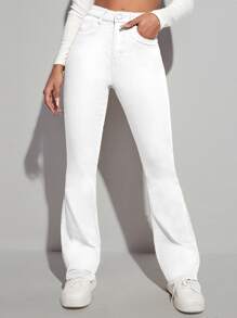 SHEIN EZwear 高腰漂白水洗牛仔喇叭褲 - 白色 - 查看 3