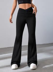 SHEIN EZwear Ruched Waist Flare Leg Black Pants