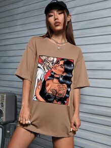 Ashley Baxter Figure Graphic Drop Shoulder Oversize Tee - Mocha Brown - View 1