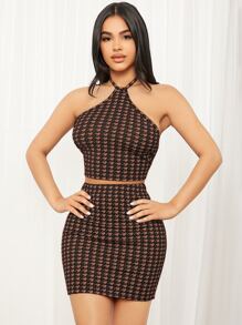 SHEIN SXY Houndstooth Print Backless Halter Top & Bodycon Skirt - Coffee Brown - View 1