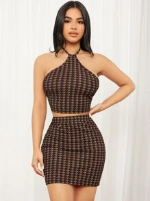 SHEIN SXY Houndstooth Print Backless Halter Top & Bodycon Skirt - Coffee Brown - View 4