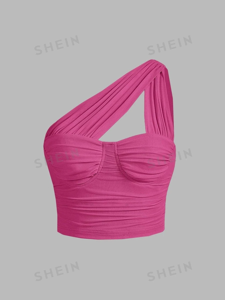 SHEIN MOD Top de un hombro fruncido de malla