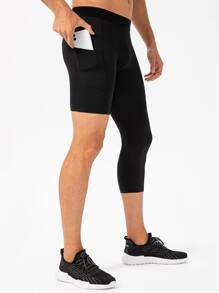 Manfinity Athleisure Calzas ajustadas deportivas para hombre en colores sólidos, con bolsillo para teléfono móvil incorporado. - Negro - Ver 3