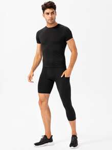 Manfinity Athleisure Calzas ajustadas deportivas para hombre en colores sólidos, con bolsillo para teléfono móvil incorporado. - Negro - Ver 5