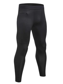 Men Solid Sports Tights With Phone Pocket - Black - View 3