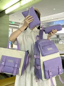 Set mochila funcional con decoración de parches de letras de 4 piezas con estuche para bolígrafos, mochila de estilo preppy y bolso de mano y bandolera y estuche para lápices, set mochila escolar para graduados, niñas adolescentes, estudiantes de primer año, estudiantes de segundo año, junior y senior en la universidad, universidad y escuela secundaria - Multicolor - Ver 1