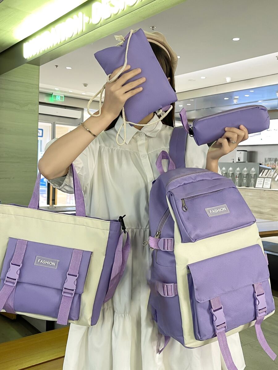 Set mochila funcional con decoración de parches de letras de 4 piezas con estuche para bolígrafos, mochila de estilo preppy y bolso de mano y bandolera y estuche para lápices, set mochila escolar para graduados, niñas adolescentes, estudiantes de primer año, estudiantes de segundo año, junior y senior en la universidad, universidad y escuela secundaria - Multicolor - Ver 1
