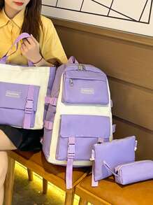 Set mochila funcional con decoración de parches de letras de 4 piezas con estuche para bolígrafos, mochila de estilo preppy y bolso de mano y bandolera y estuche para lápices, set mochila escolar para graduados, niñas adolescentes, estudiantes de primer año, estudiantes de segundo año, junior y senior en la universidad, universidad y escuela secundaria - Multicolor - Ver 2